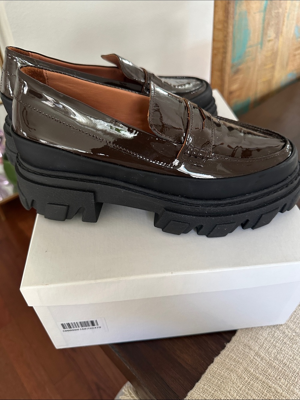 Ganni Brown Patent Leather Lug Sole Penny Loafers